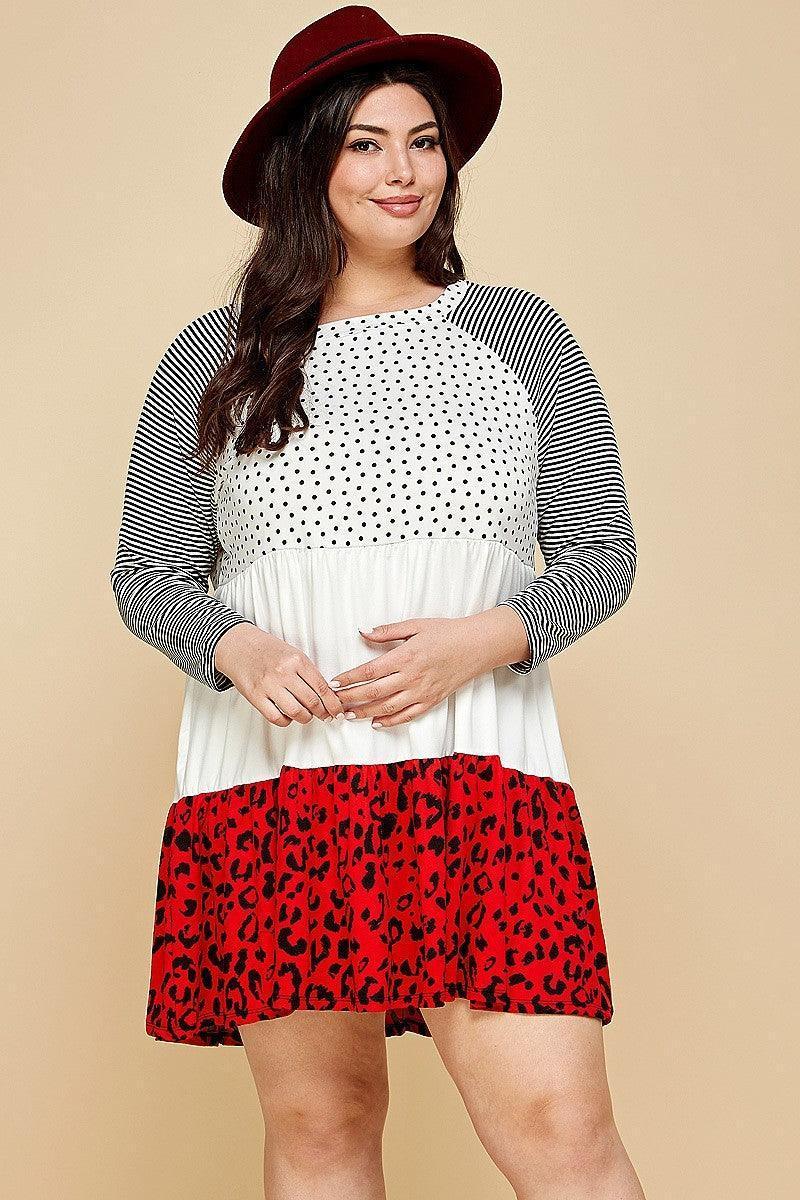 Plus Size Cute Polka Dot And Animal Print Contrast Swing Tiered Dress Secondary image