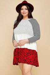 Plus Size Cute Polka Dot And Animal Print Contrast Swing Tiered Dress | Mixtshop LLC