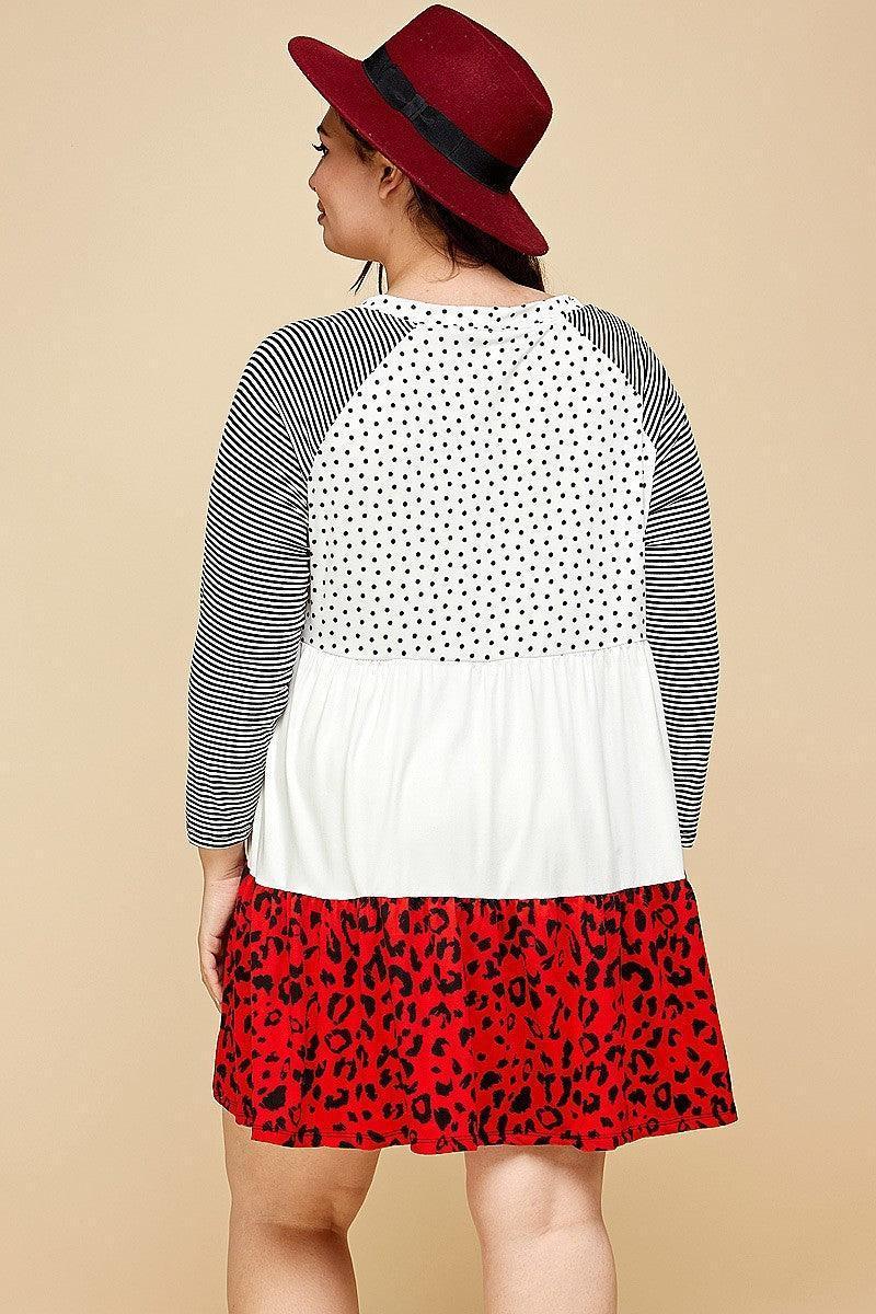 Plus Size Cute Polka Dot And Animal Print Contrast Swing Tiered Dress | Mixtshop LLC