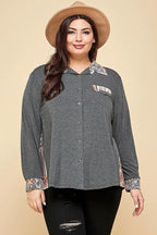 Plus Size Printed Patchwork Contrast Button Up Shirt | Mixtshop LLC