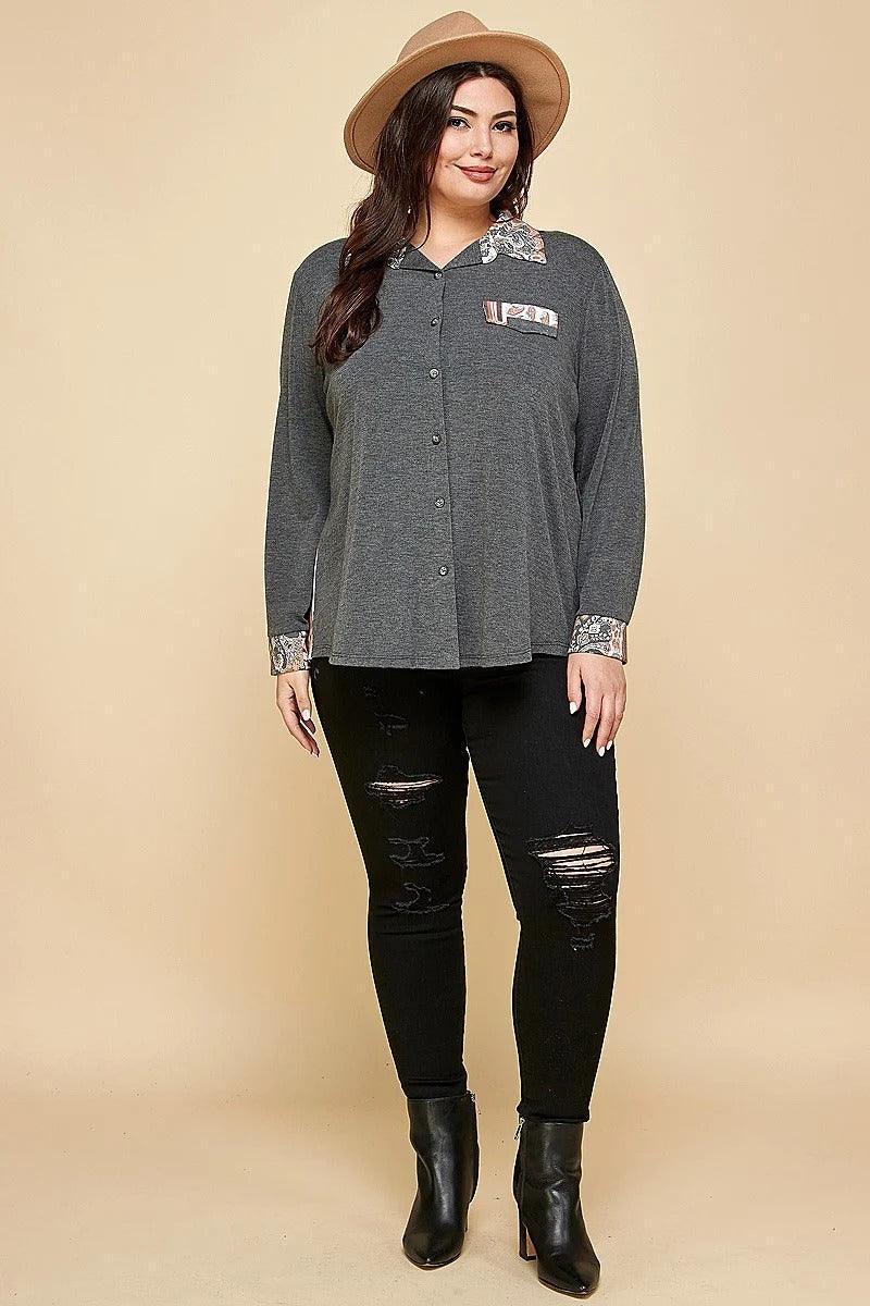 Plus Size Printed Patchwork Contrast Button Up Shirt | Mixtshop LLC