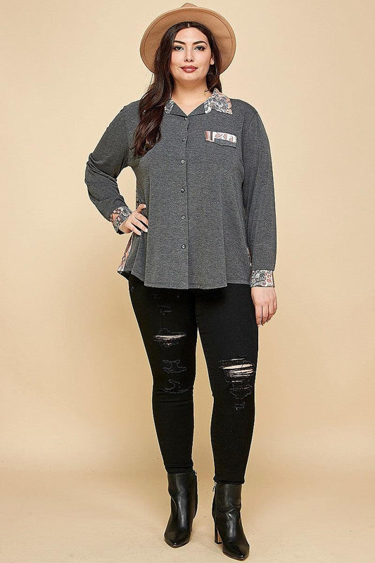 Plus Size Printed Patchwork Contrast Button Up Shirt | Mixtshop LLC