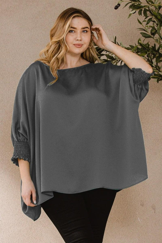 Ember Jacquard Solid Woven Oversized Boatneck 3/4 Sleeve Blouse | Mixtshop LLC