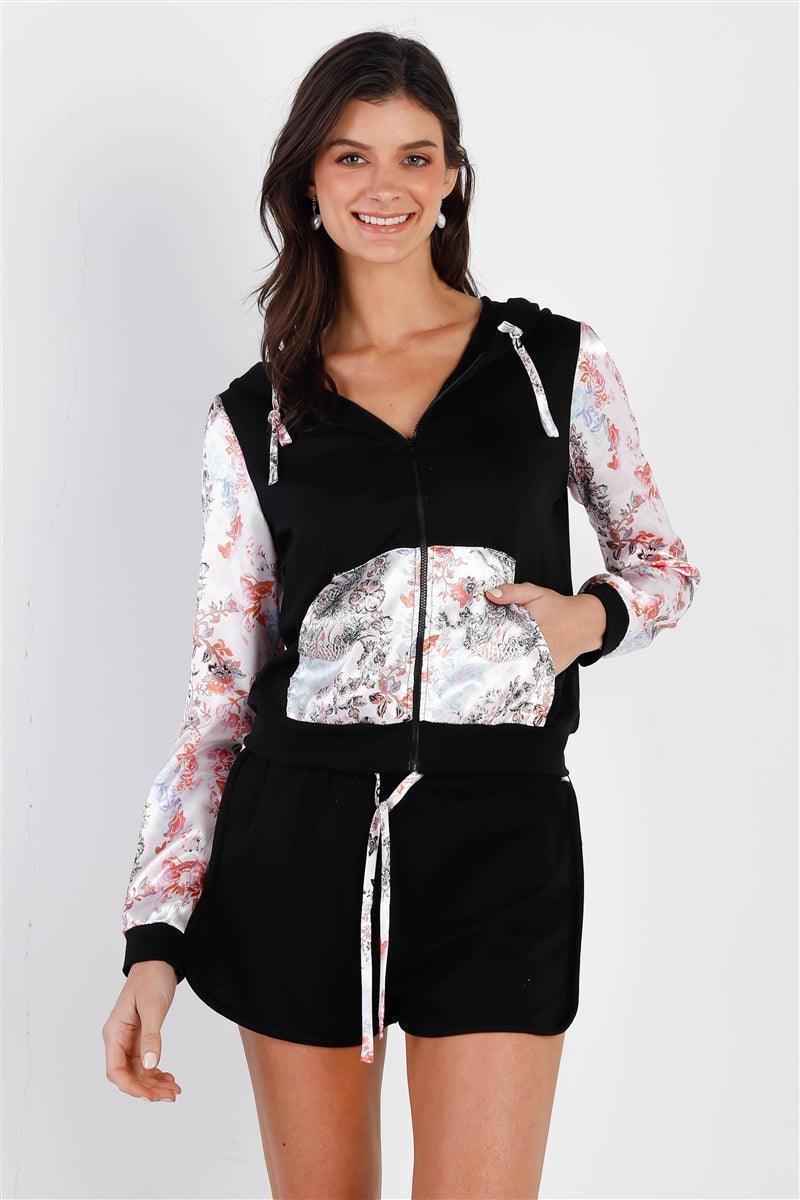 Black & Multi Color Print Colorblock Zip-up Hooded Top & Short Set | Mixtshop LLC Main image