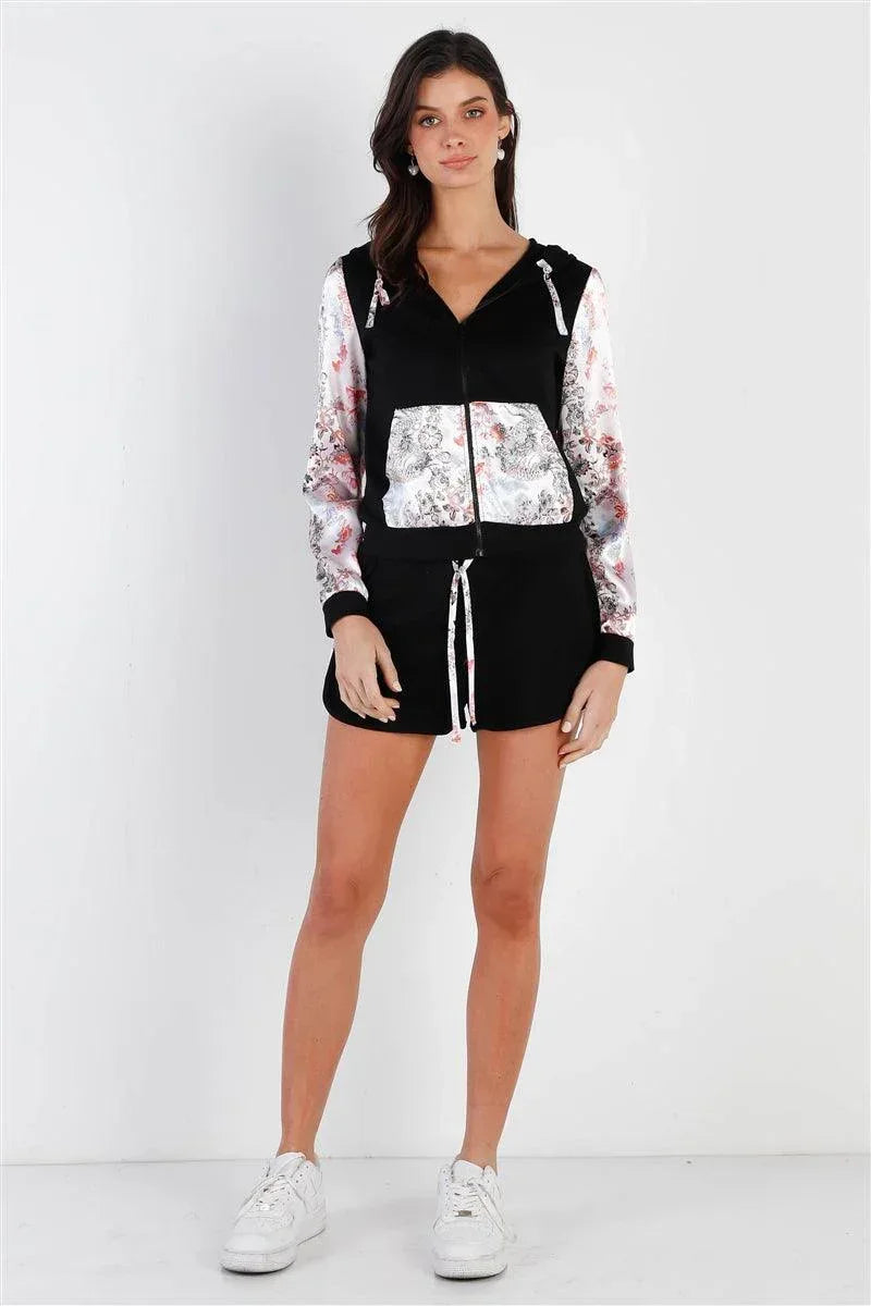Black & Multi Color Print Colorblock Zip-up Hooded Top & Short Set Secondary image