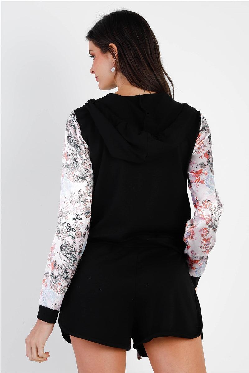 Black & Multi Color Print Colorblock Zip-up Hooded Top & Short Set | Mixtshop LLC