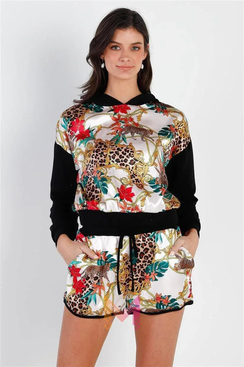 Black & Ivory Satin Effect Animal Print Hooded Top & Short Set | Mixtshop LLC Main image
