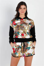 Black & Ivory Satin Effect Animal Print Hooded Top & Short Set | Mixtshop LLC
