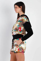 Black & Ivory Satin Effect Animal Print Hooded Top & Short Set | Mixtshop LLC