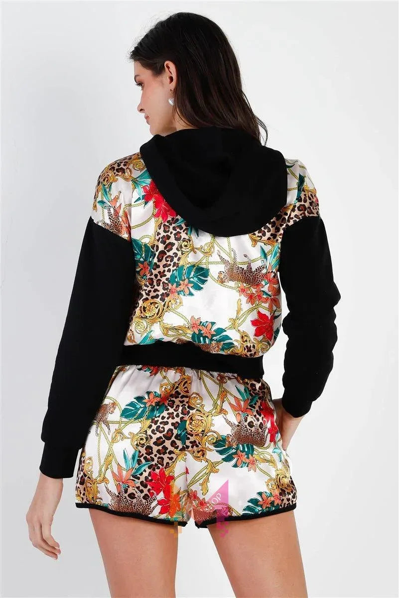 Black & Ivory Satin Effect Animal Print Hooded Top & Short Set | Mixtshop LLC