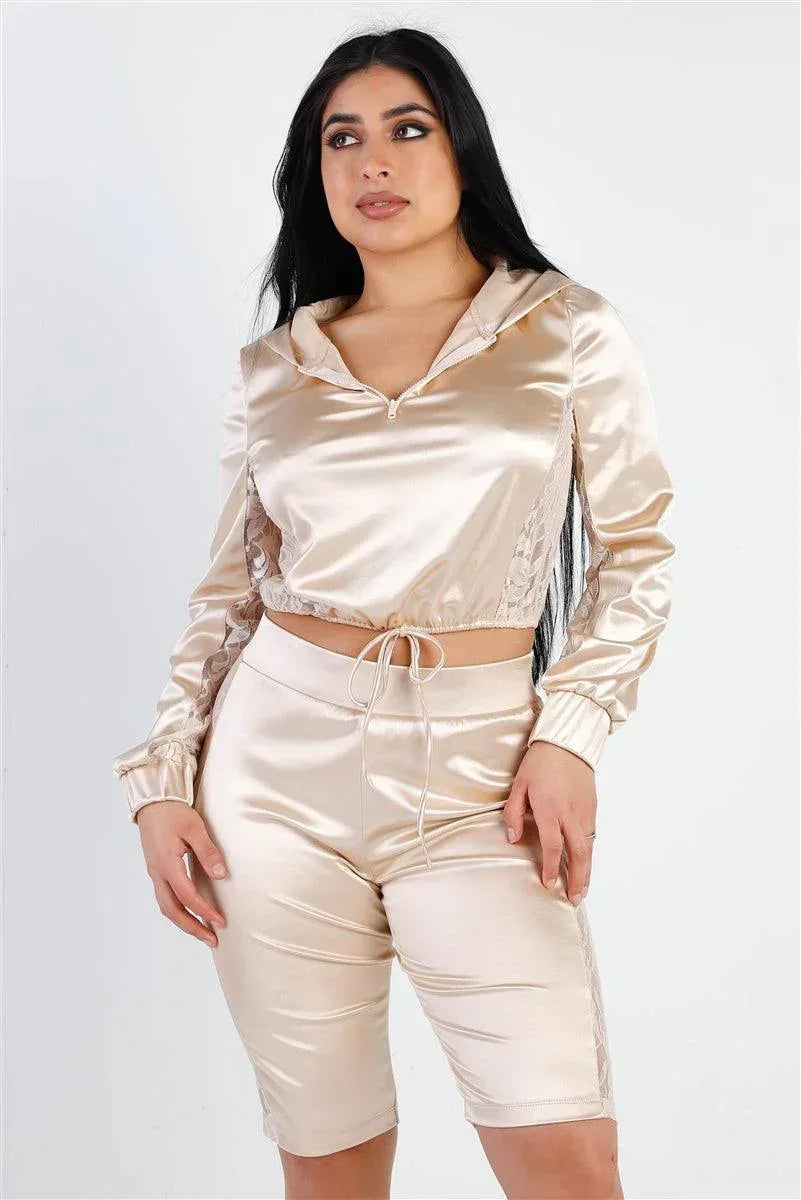 Satin Lace Details Long Sleeve Hooded Crop Top & Biker Short Set | Mixtshop LLC Main image