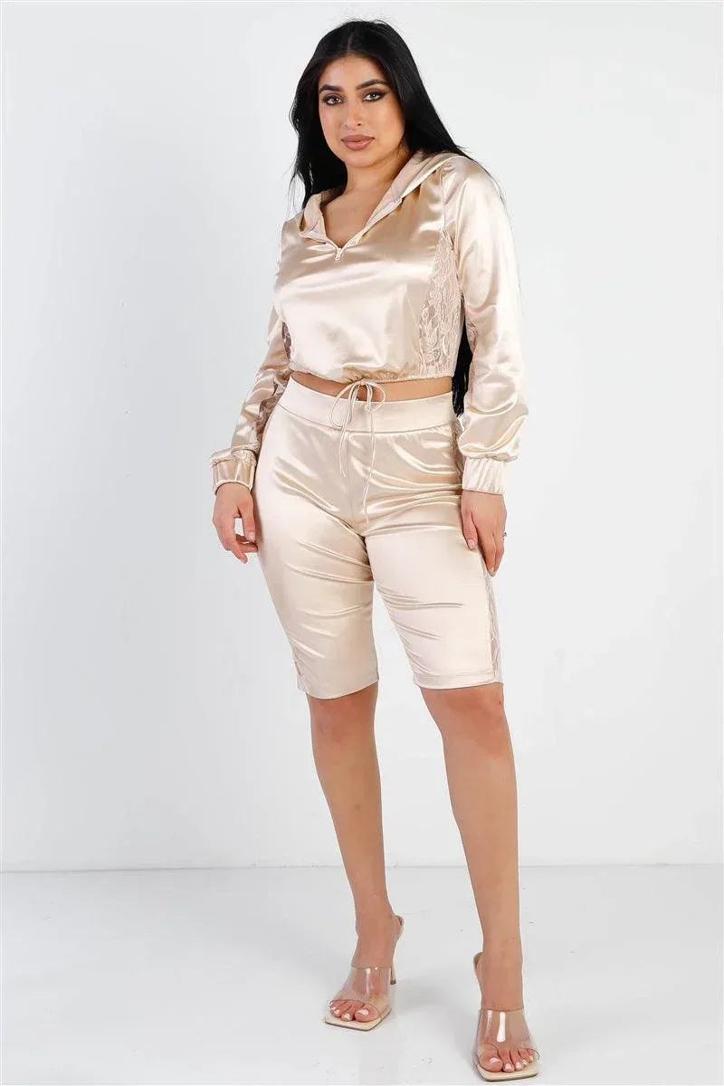 Satin Lace Details Long Sleeve Hooded Crop Top & Biker Short Set Secondary image
