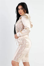 Satin Lace Details Long Sleeve Hooded Crop Top & Biker Short Set | Mixtshop LLC
