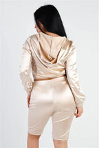 Satin Lace Details Long Sleeve Hooded Crop Top & Biker Short Set | Mixtshop LLC