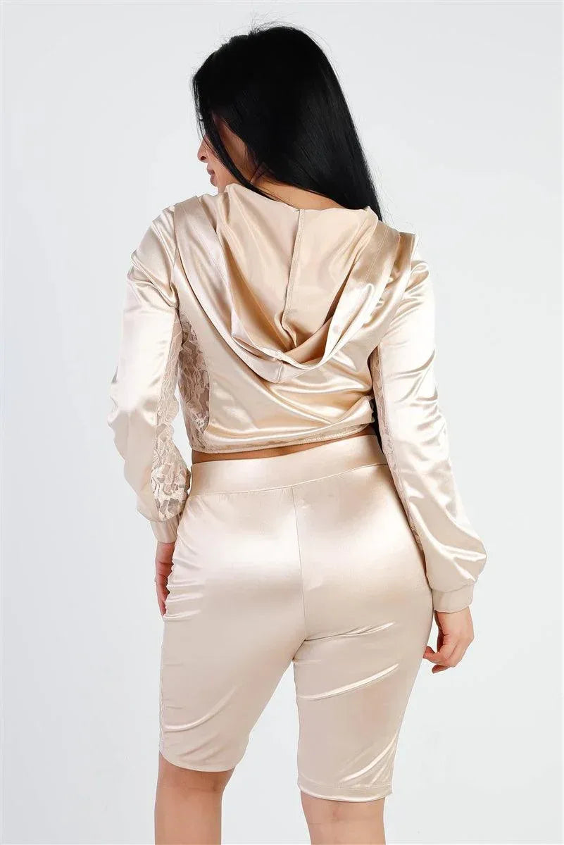 Satin Lace Details Long Sleeve Hooded Crop Top & Biker Short Set | Mixtshop LLC