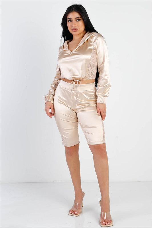Satin Lace Details Long Sleeve Hooded Crop Top & Biker Short Set | Mixtshop LLC