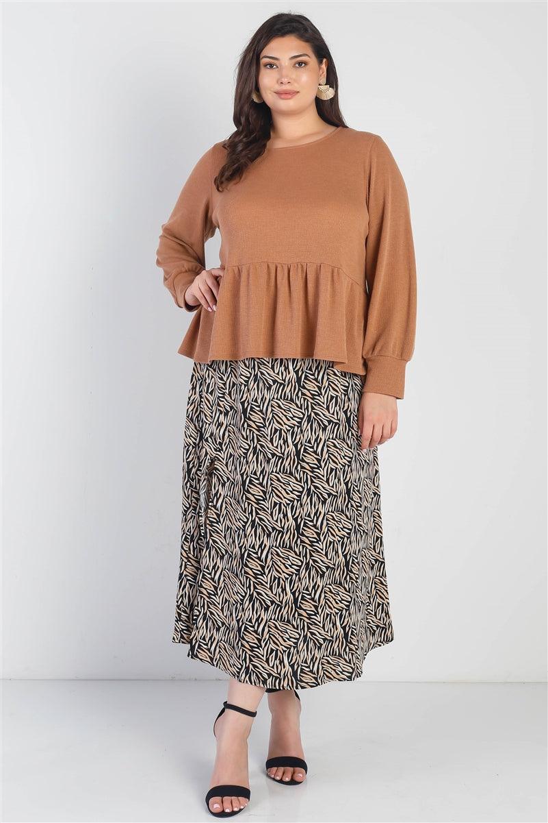 Plus Caramel Waffle Knit Back Button Detail Long Sleeve Top | Mixtshop LLC