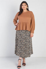 Plus Caramel Waffle Knit Back Button Detail Long Sleeve Top | Mixtshop LLC