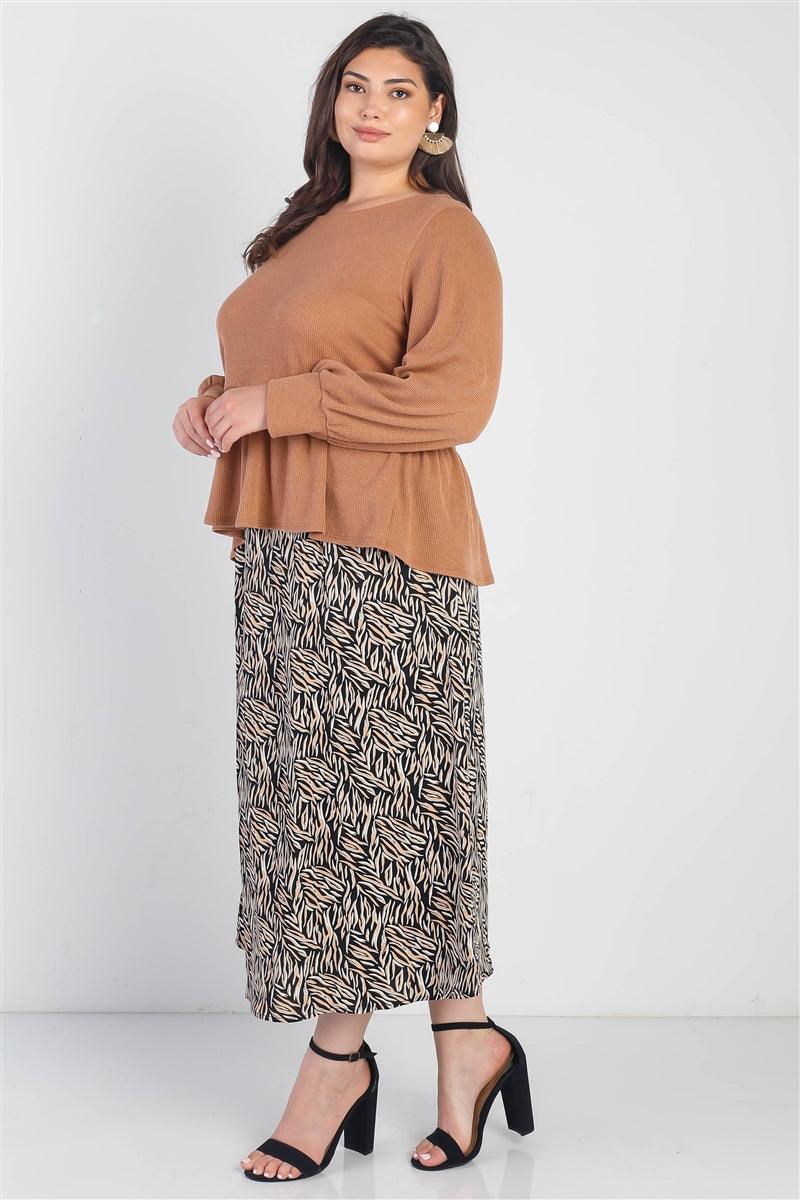 Plus Caramel Waffle Knit Back Button Detail Long Sleeve Top | Mixtshop LLC