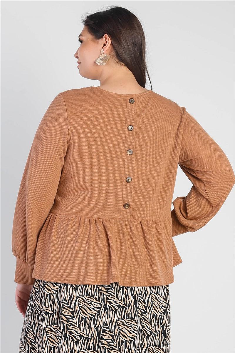Plus Caramel Waffle Knit Back Button Detail Long Sleeve Top | Mixtshop LLC