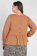 Plus Caramel Waffle Knit Back Button Detail Long Sleeve Top | Mixtshop LLC