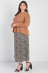 Plus Caramel Waffle Knit Back Button Detail Long Sleeve Top | Mixtshop LLC