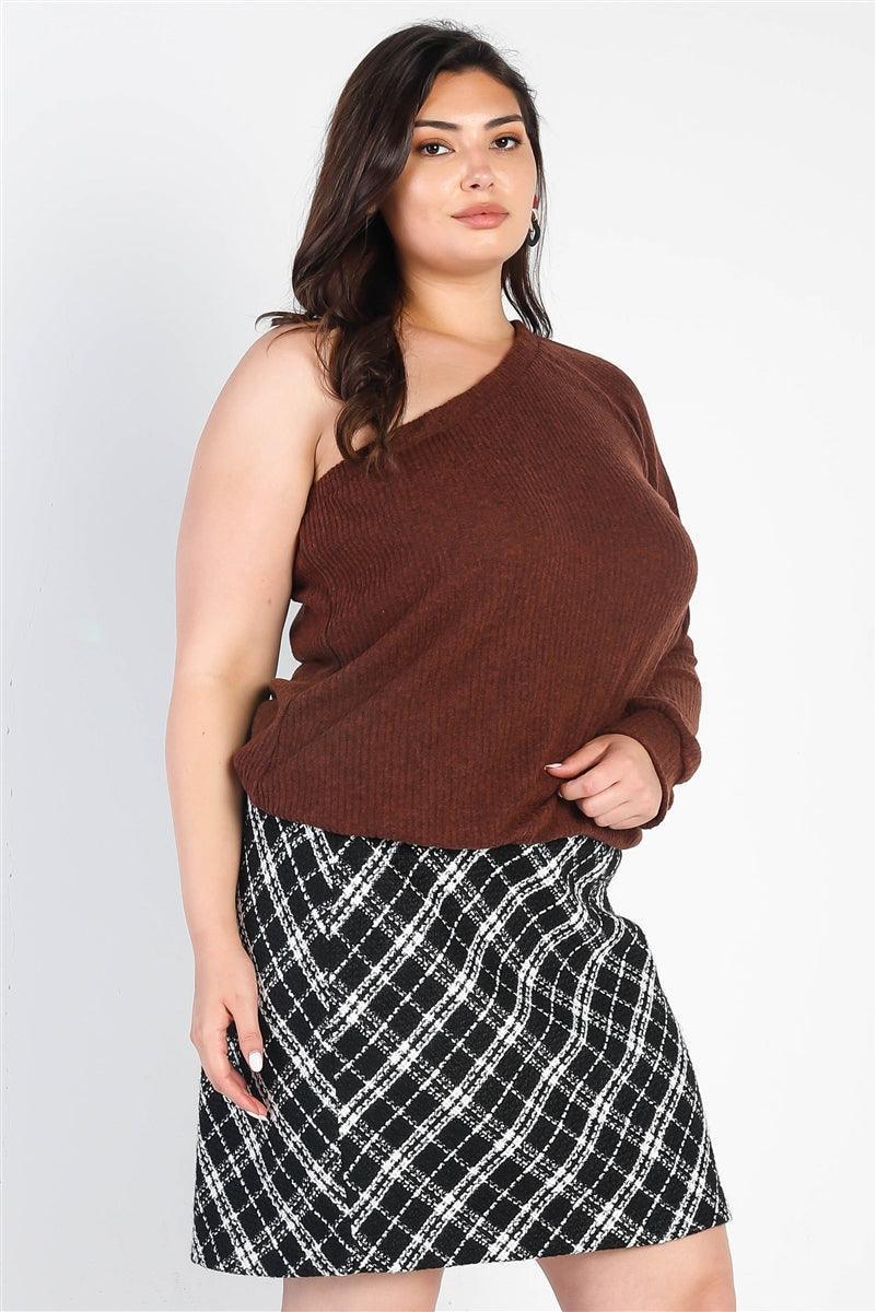Plus Brown Ribbed Textured One Shoulder Top | Mixtshop LLC Main image
