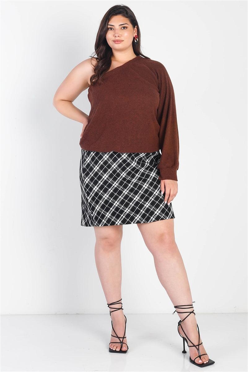 Plus Brown Ribbed Textured One Shoulder Top | Mixtshop LLC