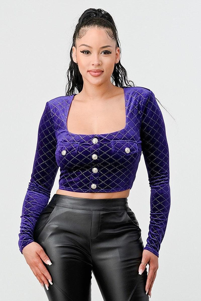 Lux Diamon Velvet Buttons Open Back Square Neck Long Sleeves Cropped Top | Mixtshop LLC Main image