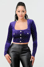Lux Diamon Velvet Buttons Open Back Square Neck Long Sleeves Cropped Top | Mixtshop LLC