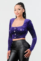 Lux Diamon Velvet Buttons Open Back Square Neck Long Sleeves Cropped Top | Mixtshop LLC