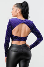 Lux Diamon Velvet Buttons Open Back Square Neck Long Sleeves Cropped Top | Mixtshop LLC