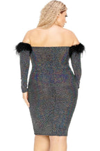 Plus Off Shoulder Feather Trim Detail Sequin Dress | Mixtshop LLC