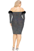 Plus Off Shoulder Feather Trim Detail Sequin Dress | Mixtshop LLC