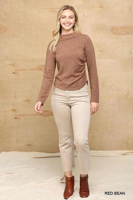 Solid And Cozy Soft Knit Mock Neck Top With Side Ruched Detail | Mixtshop LLC
