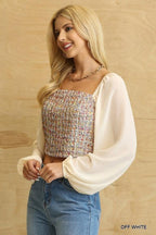 Tweed Bodice And Chiffon Square Top With Back Zipper | Mixtshop LLC