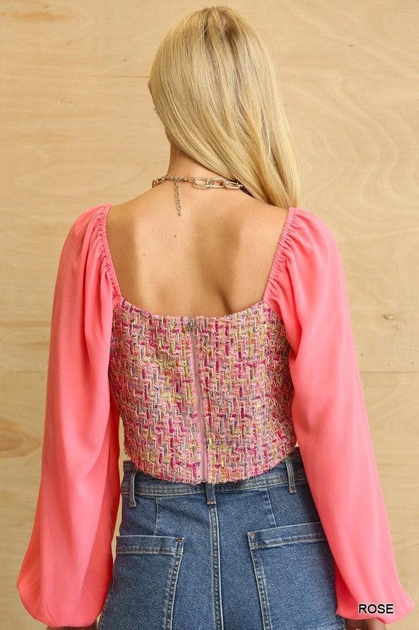 Tweed Bodice And Chiffon Square Top With Back Zipper | Mixtshop LLC