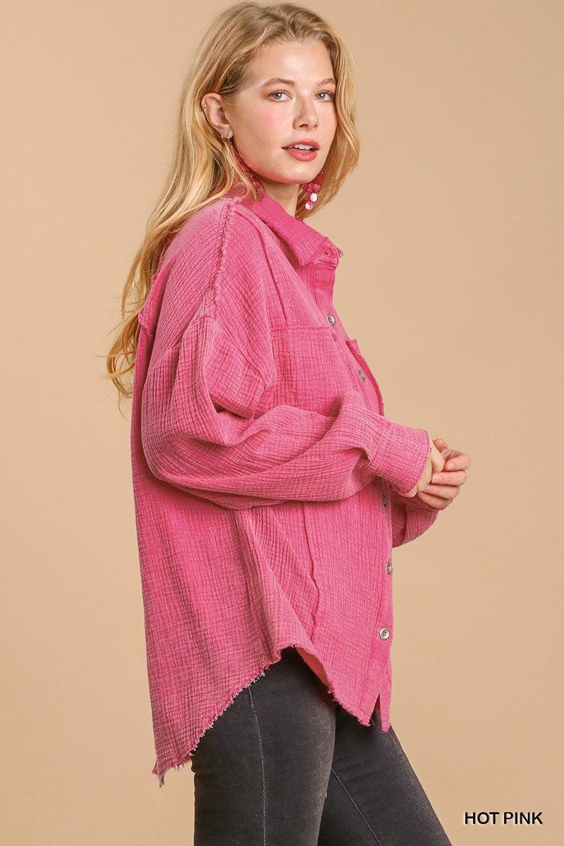 Mineral wash button down top with high low hem Secondary image