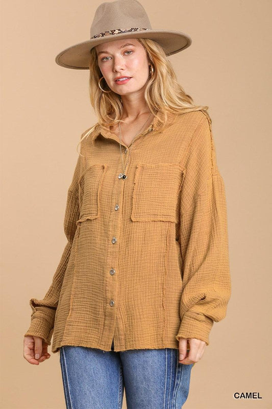 Mineral wash button down top with high low hem | Mixtshop LLC