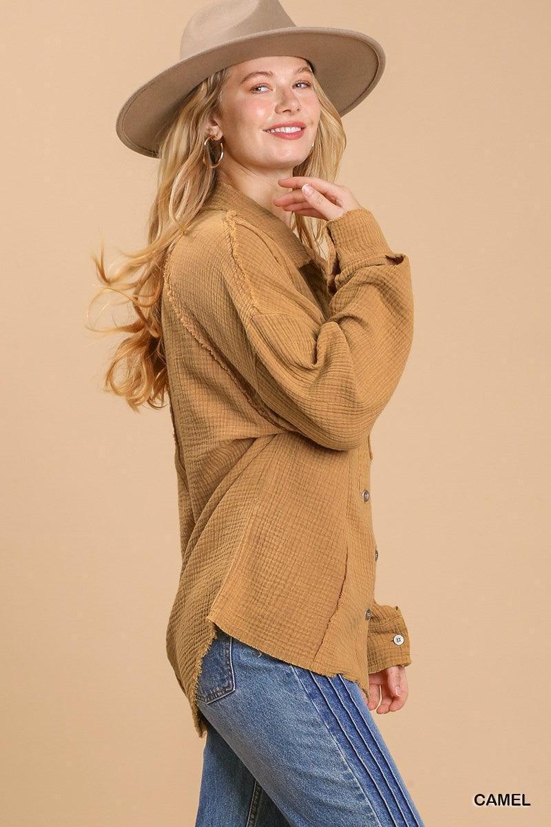 Mineral wash button down top with high low hem Secondary image