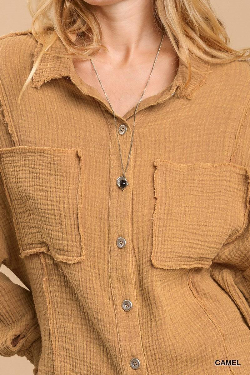 Mineral wash button down top with high low hem | Mixtshop LLC