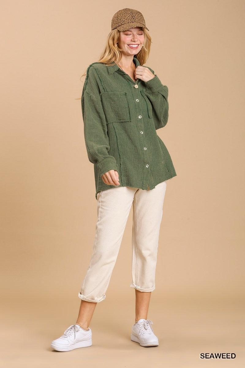 Mineral wash button down top with high low hem Secondary image