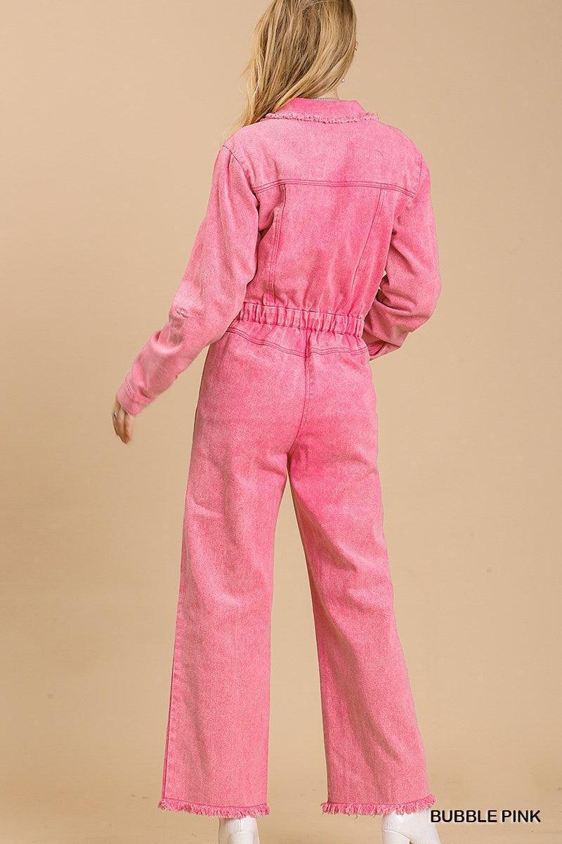 Mid button down stone wash wide leg distressed jumpsuit & side pockets with no lining | Mixtshop LLC
