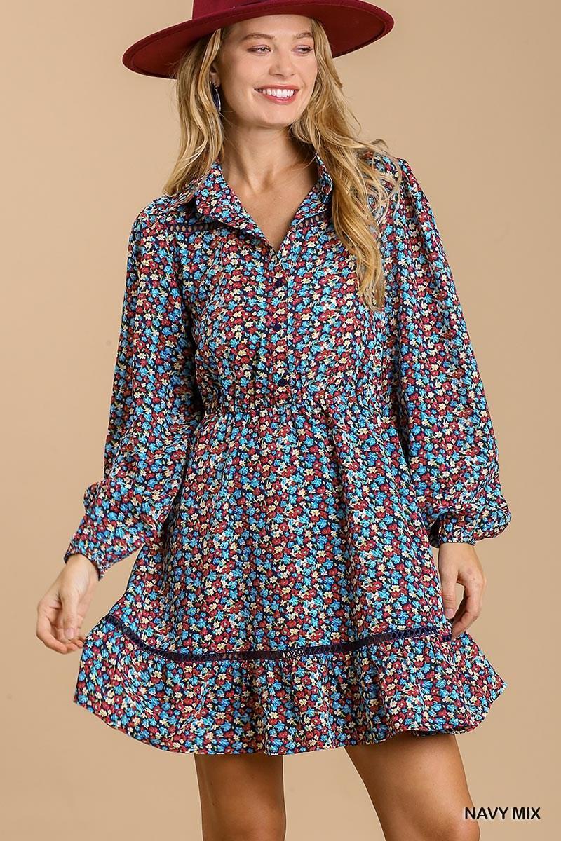 Collared neckline button down floral print dress with crochet trimmed details | Mixtshop LLC Main image