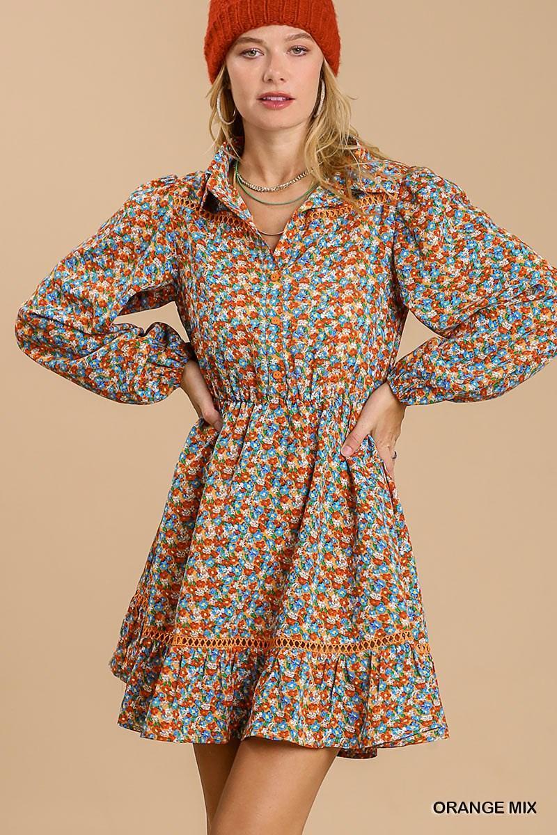 Collared neckline button down floral print dress with crochet trimmed details Secondary image