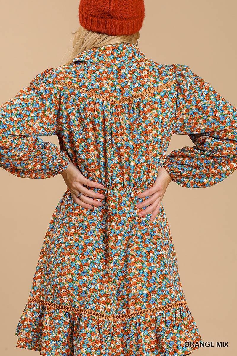 Collared neckline button down floral print dress with crochet trimmed details | Mixtshop LLC
