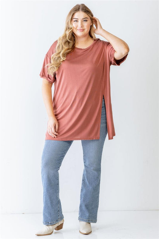 Plus Brick Round Neck Short Sleeve Relax Top | Mixtshop LLC