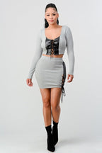 2 Piece Set With Cropped Long Sleeve Shirt With Pu Leather Detail Matching Mini Skirt | Mixtshop LLC