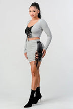 2 Piece Set With Cropped Long Sleeve Shirt With Pu Leather Detail Matching Mini Skirt | Mixtshop LLC