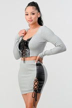 2 Piece Set With Cropped Long Sleeve Shirt With Pu Leather Detail Matching Mini Skirt | Mixtshop LLC